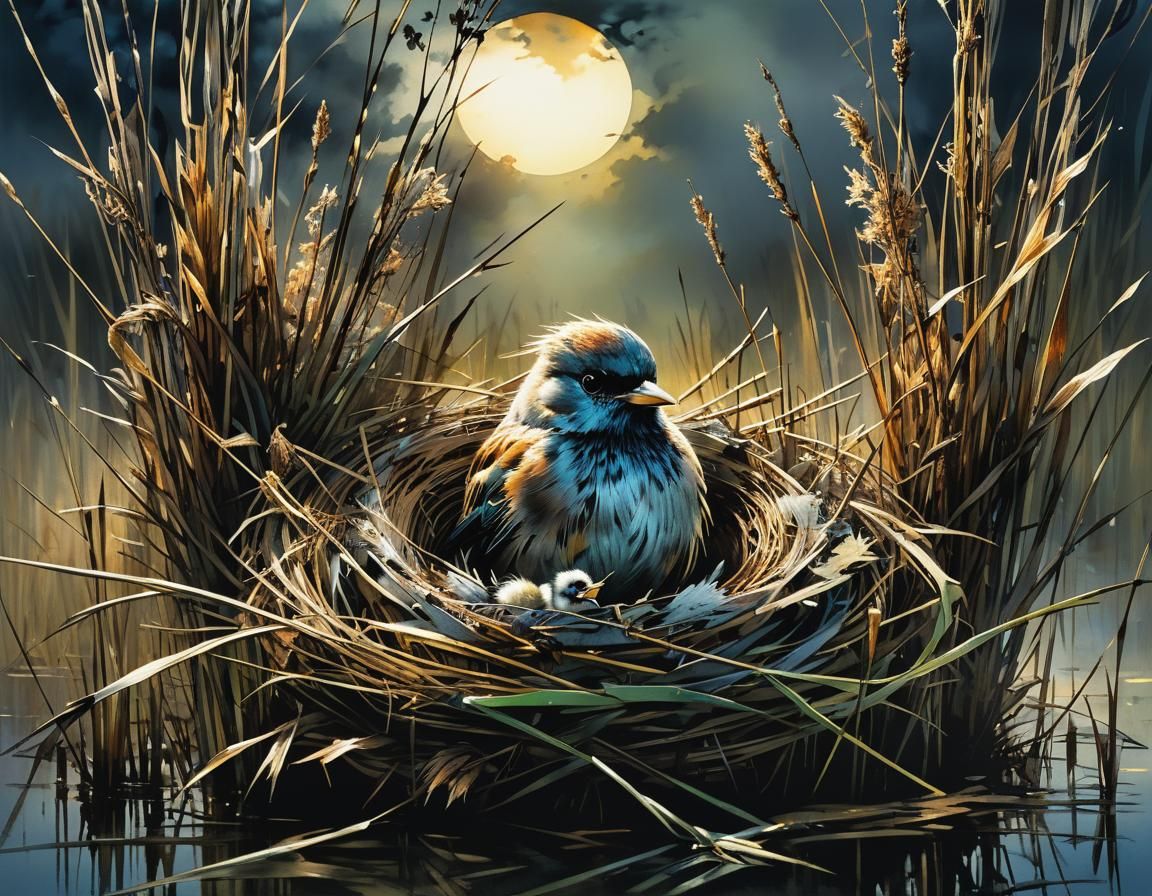 Bird in Reeds at Dusk, Detailed & Mysterious