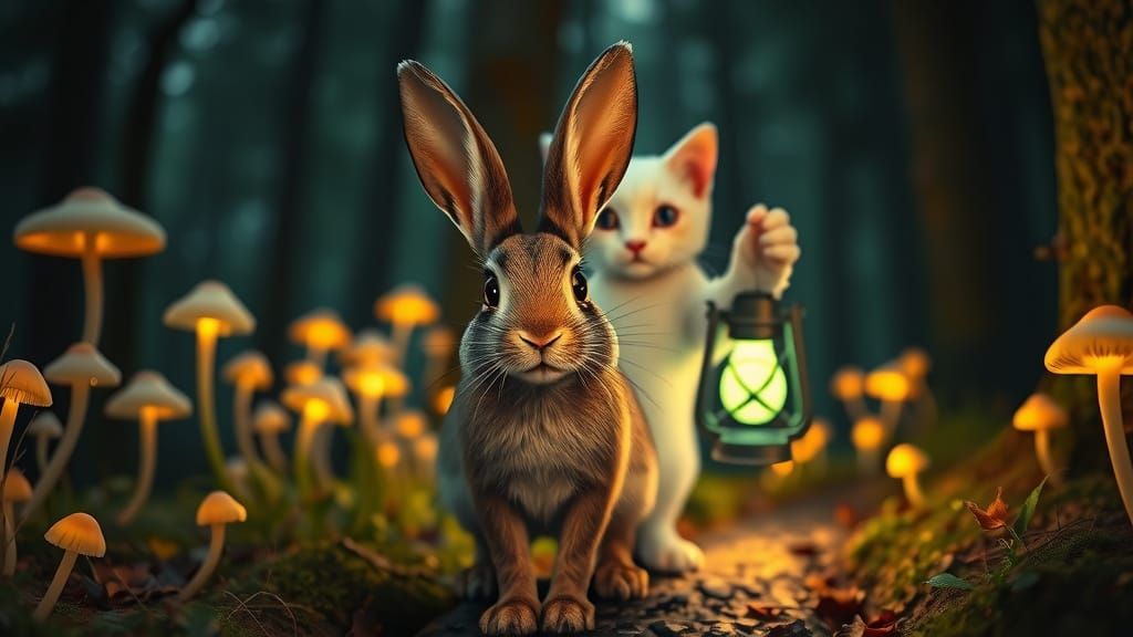 Enchanting Rabbit and Cat with Glowing Lantern in Mystical F...