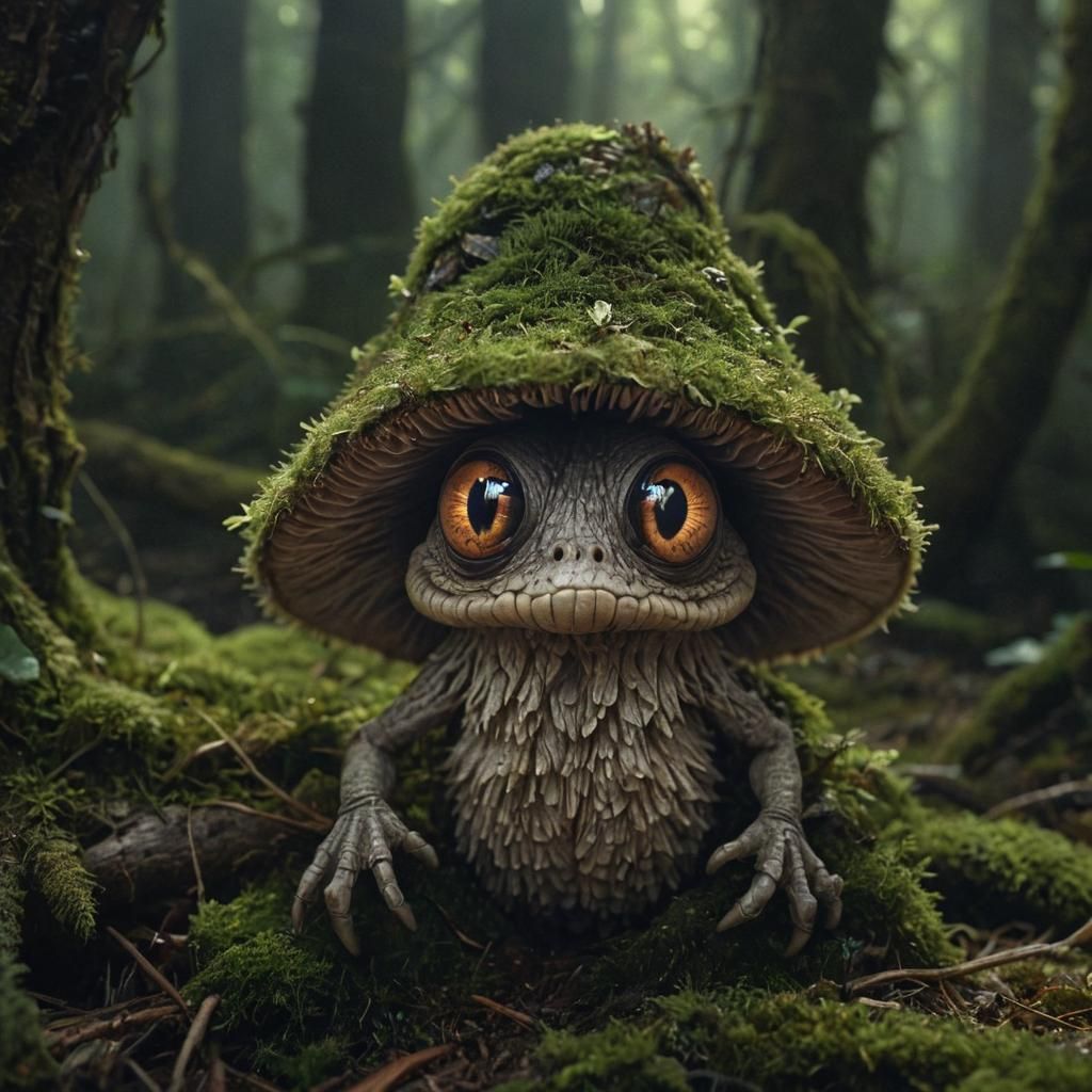 Fantasy Creature Under Neon Mushroom: Digital Art