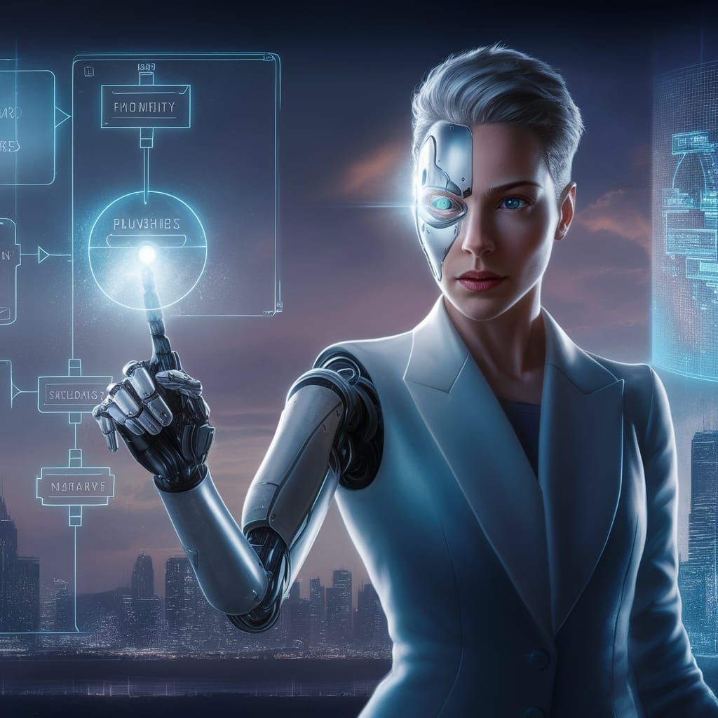 Futuristic Cyborg Executive with Holographic Flowchart