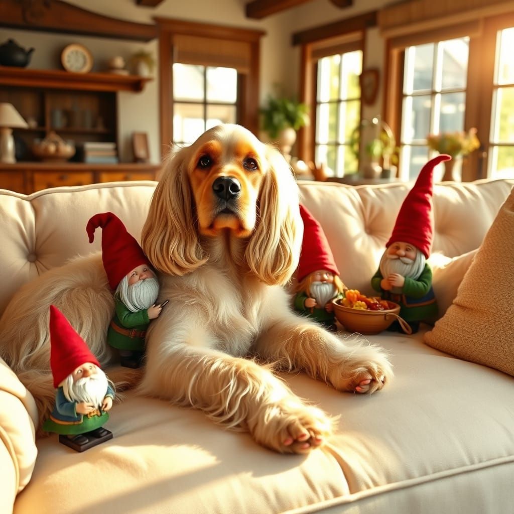 Cocker Spaniel and Gnomes in Sun-Drenched Room