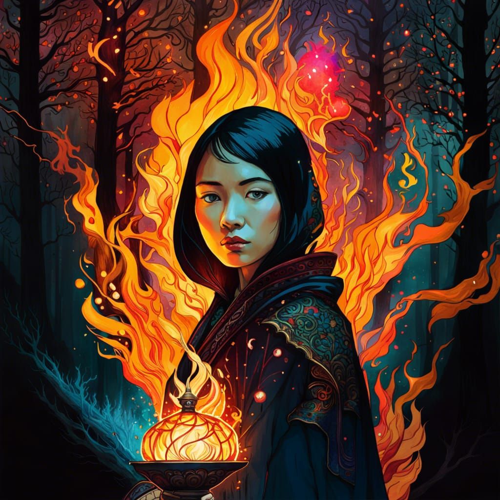 Fire Mage Double Exposure Portrait in Watercolor Style