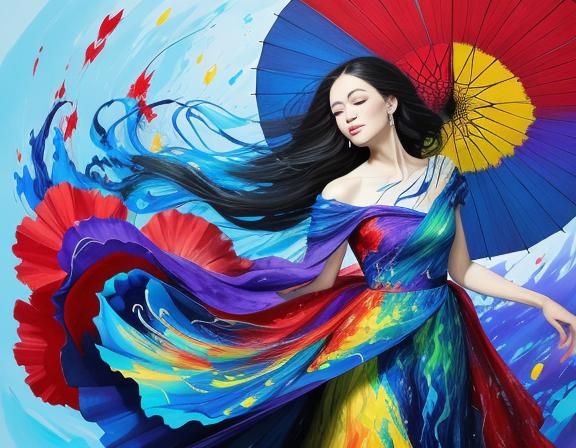 A woman in a flowing gown walks gracefully with a delicate f...