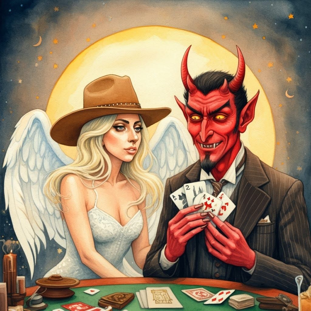 Lady Gaga Angel Playing Poker Watercolor Illustration