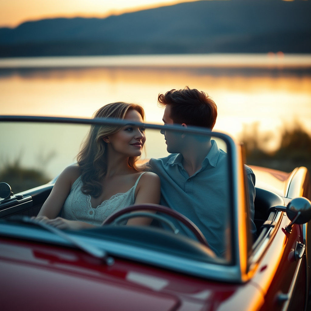 Vintage Convertible Serenity: Lakeside Sunset Glow