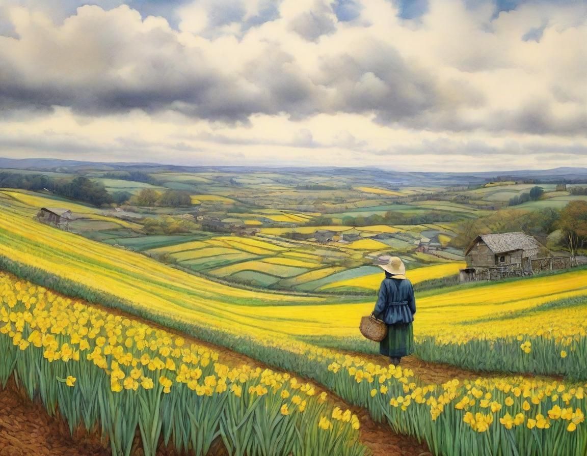 Daffodil Fields Panorama in Pen and Watercolour Style