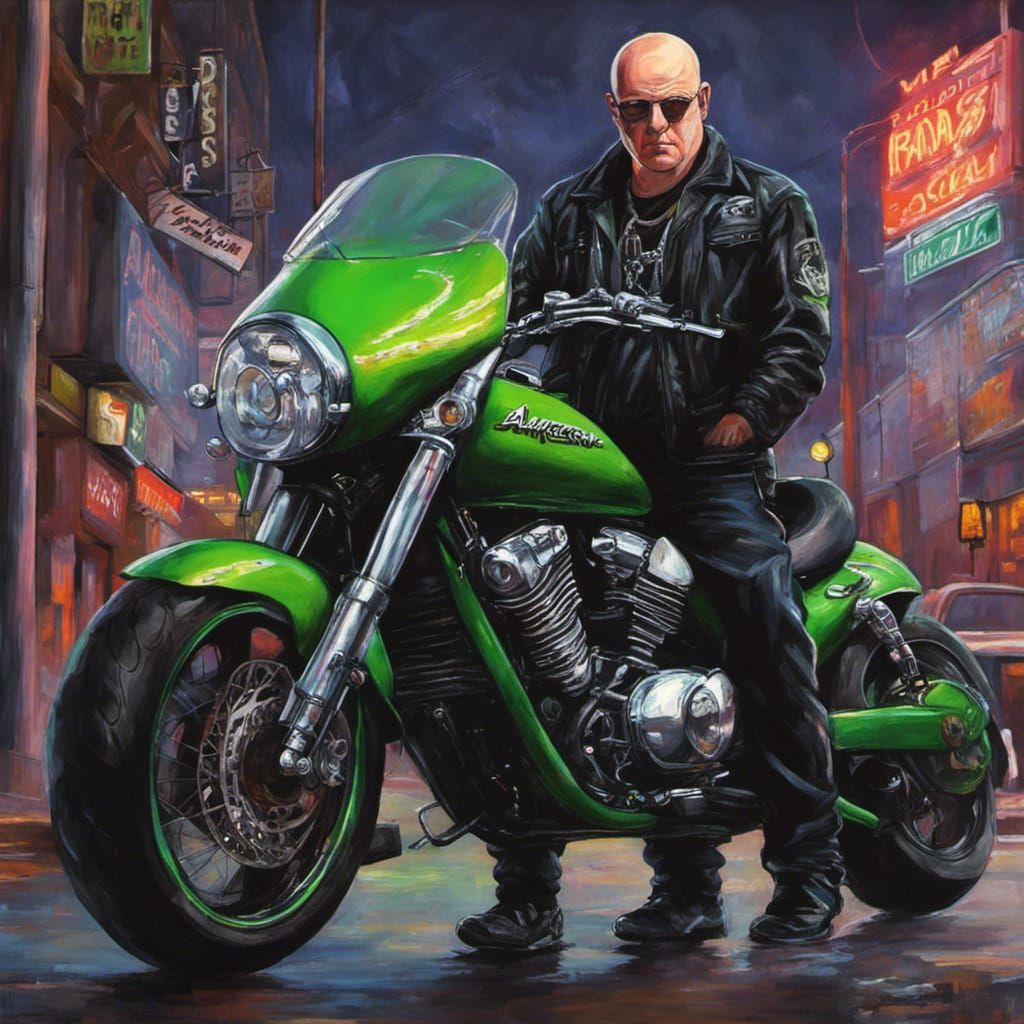 Menacing Man and Motorcycle in Detailed Matte Painting