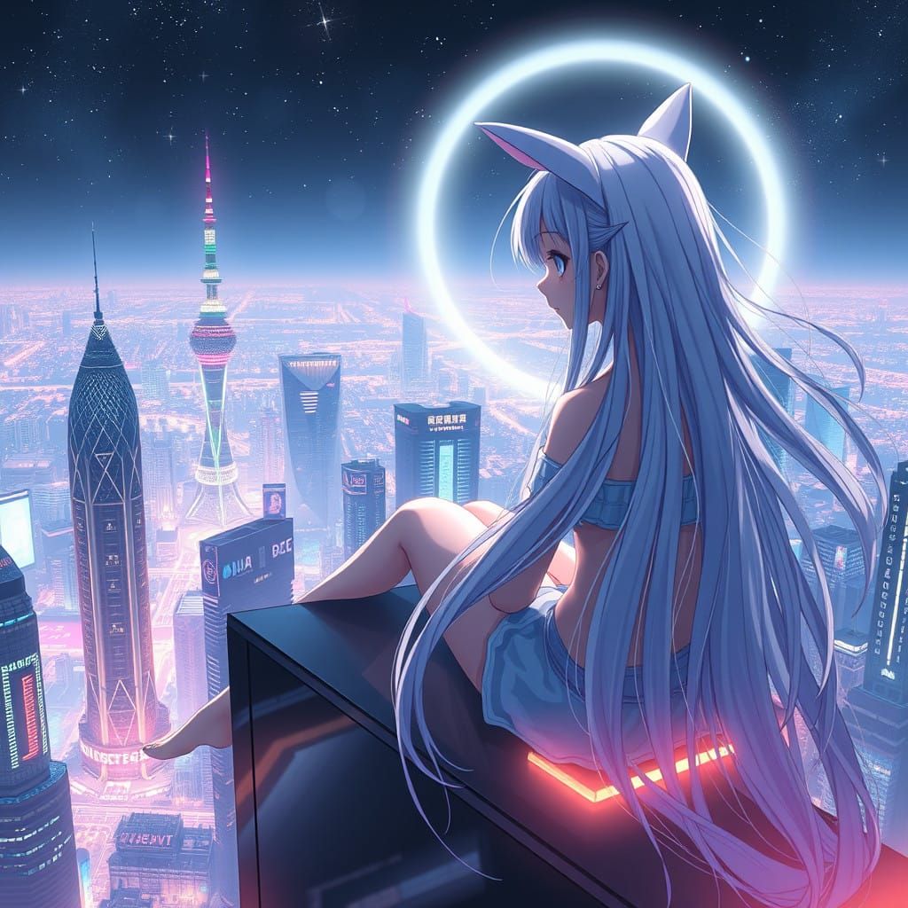 Futuristic Anime Goddess Surveys Starry Metropolis