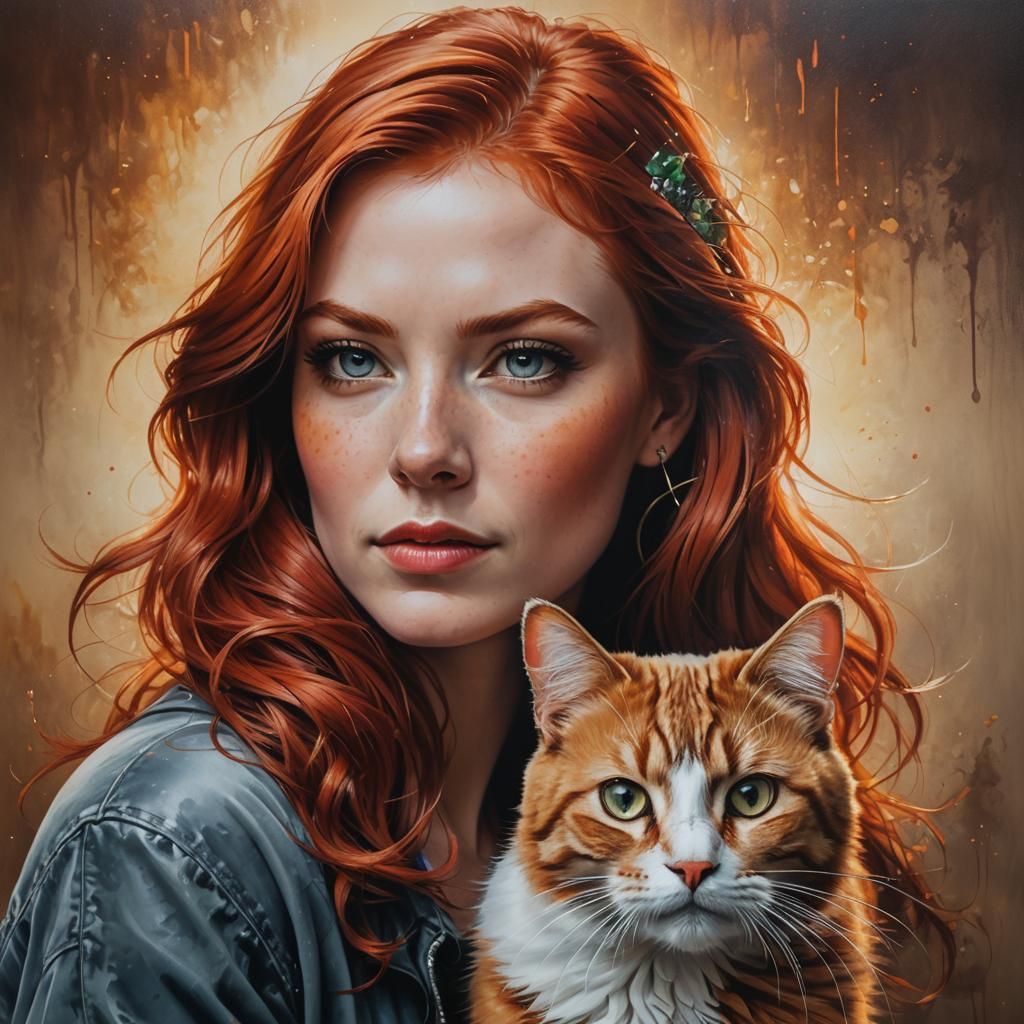 Airbrush Portrait: Redhead with Cat, Hyperrealistic Art