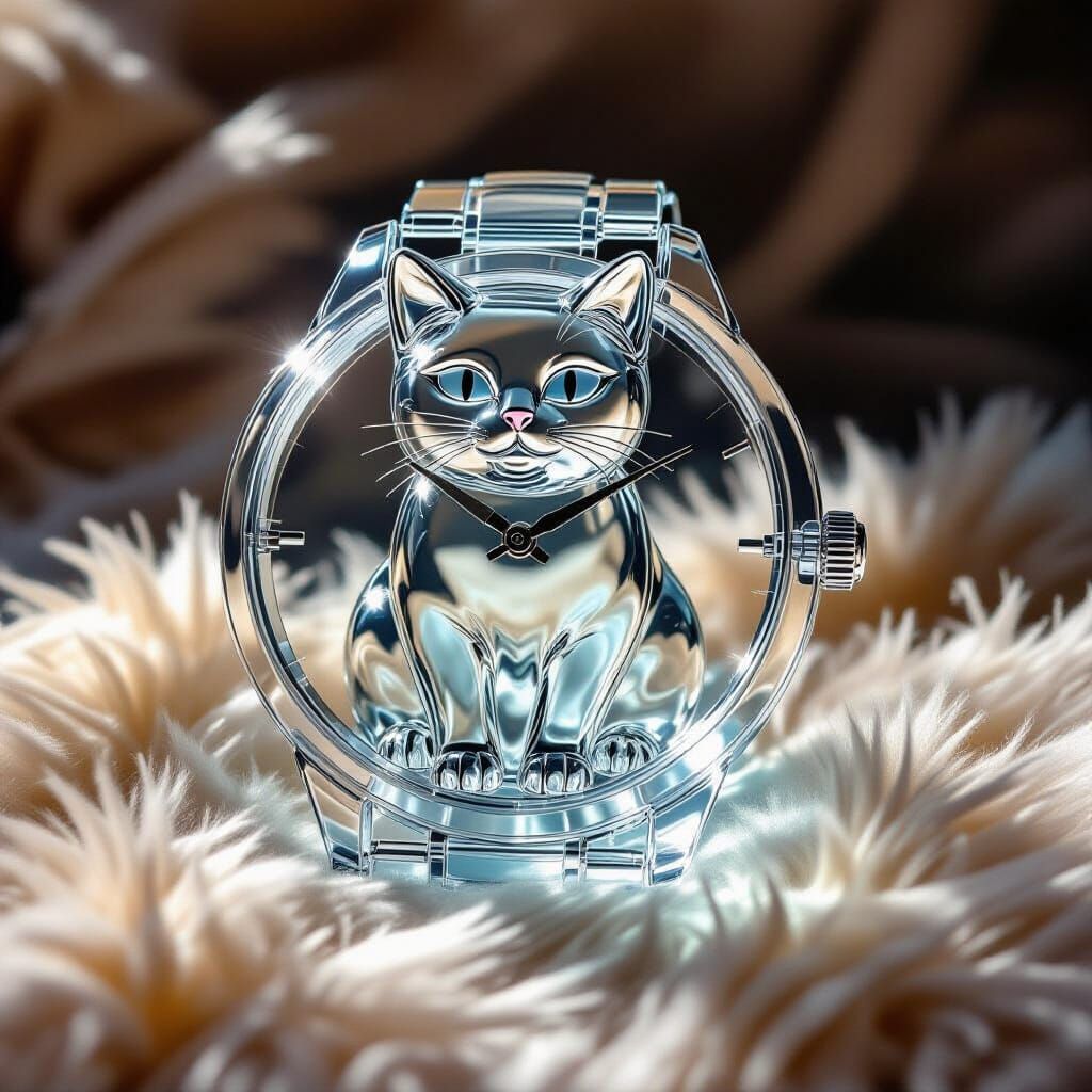 Transparent Glass Watch With Cat Sculpture