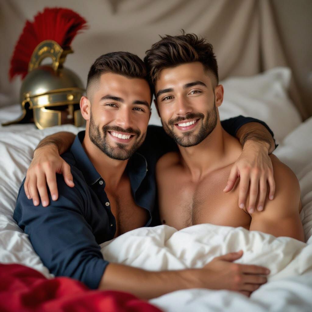 Intimate Portrait of Two Men Embracing with Romantic Film Qu...