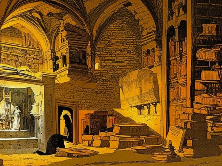 Medieval Monastery Library in Rembrandt Lighting