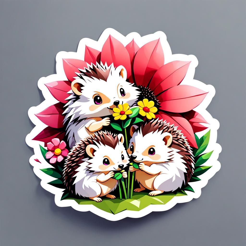 Hedgehogs with Flower in Low Poly Style