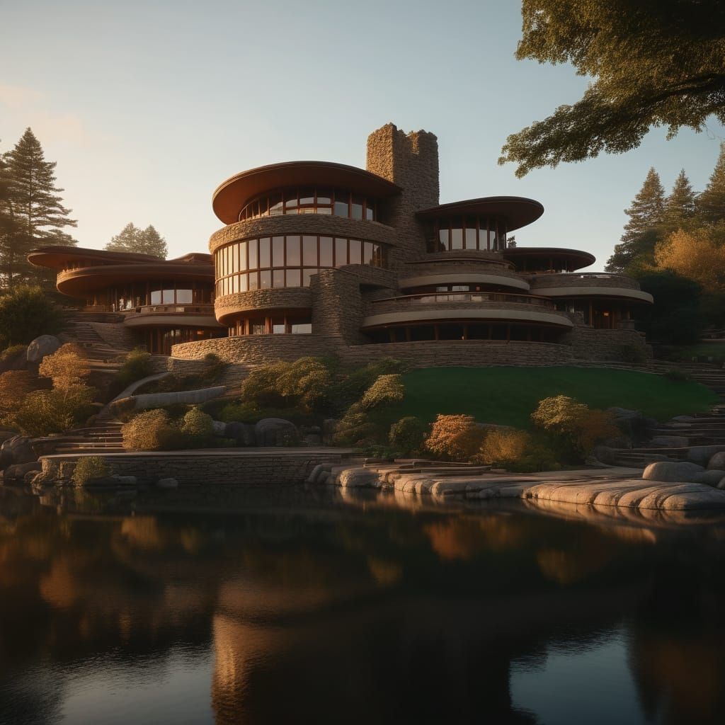 Frank Lloyd Wright Inspired Lakeside Manor in Golden Hour