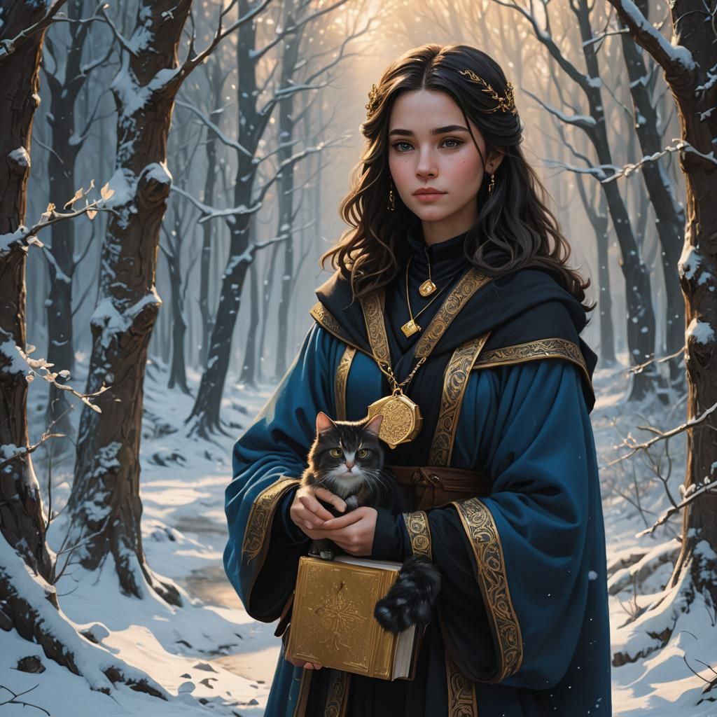 Enchanting Girl with Books in Snowy Forest