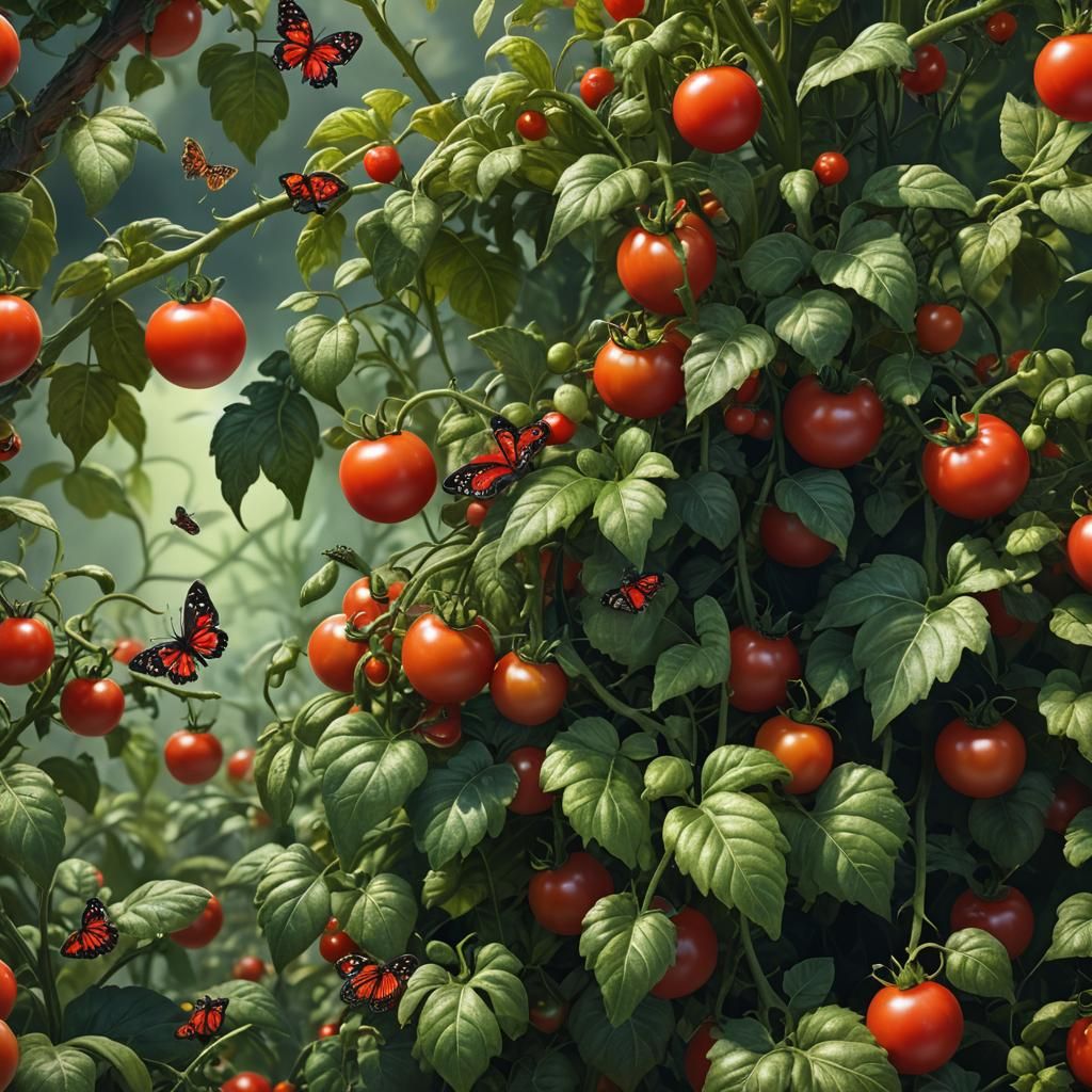 Tomato Plant with Caterpillar and Butterflies