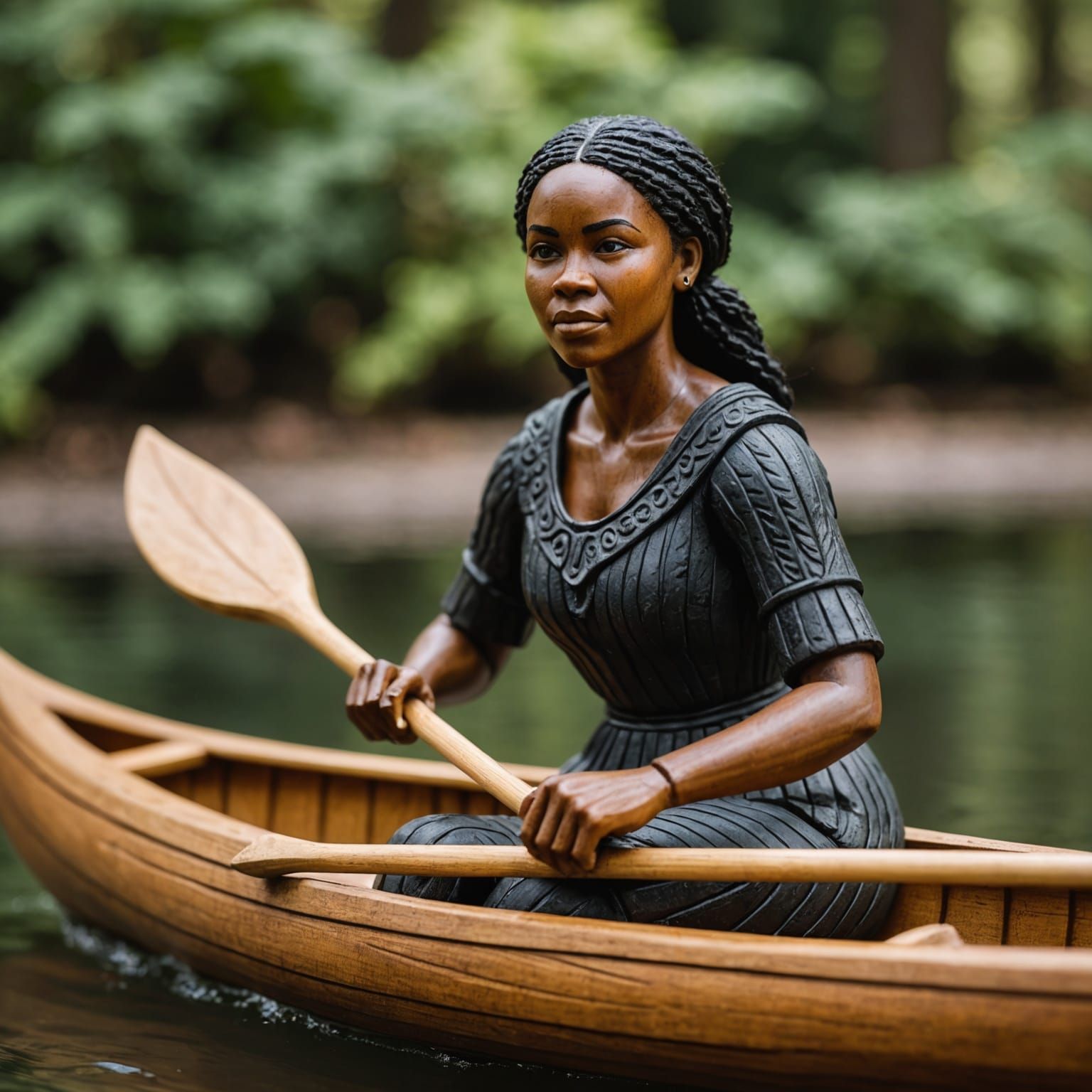 Detailed Wood Carving of Woman in Canoe