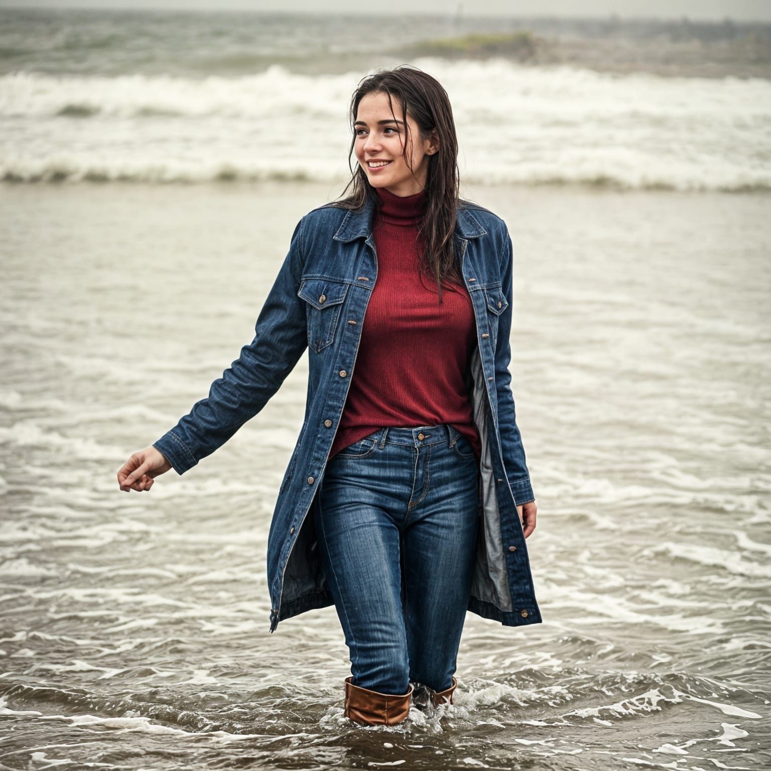 Brunette Soaked in Surf on Rainy Beach