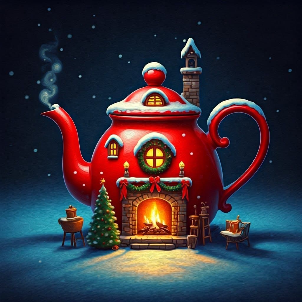 Christmas Teapot House in Whimsical Digital Art