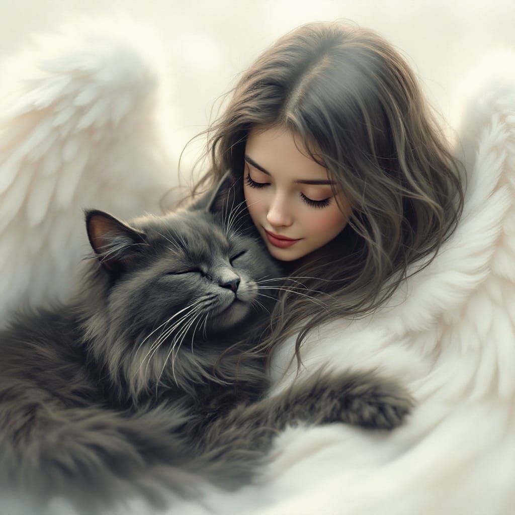 Peaceful Cat Enveloped by Angelic Wings in Dark Grey Hues