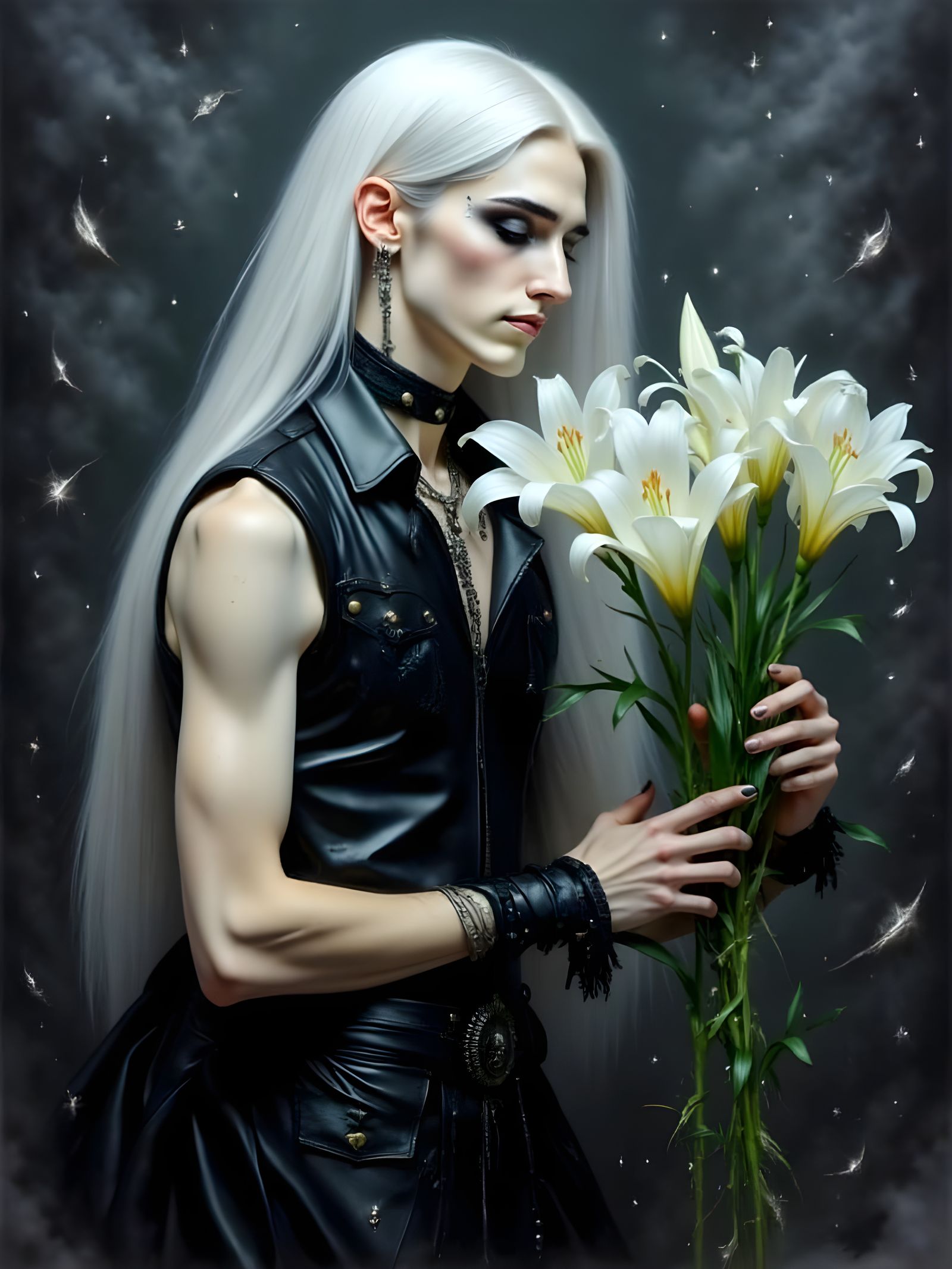 Gothic Elegance: A Smiling Man in Black Leather Touches a Wh...