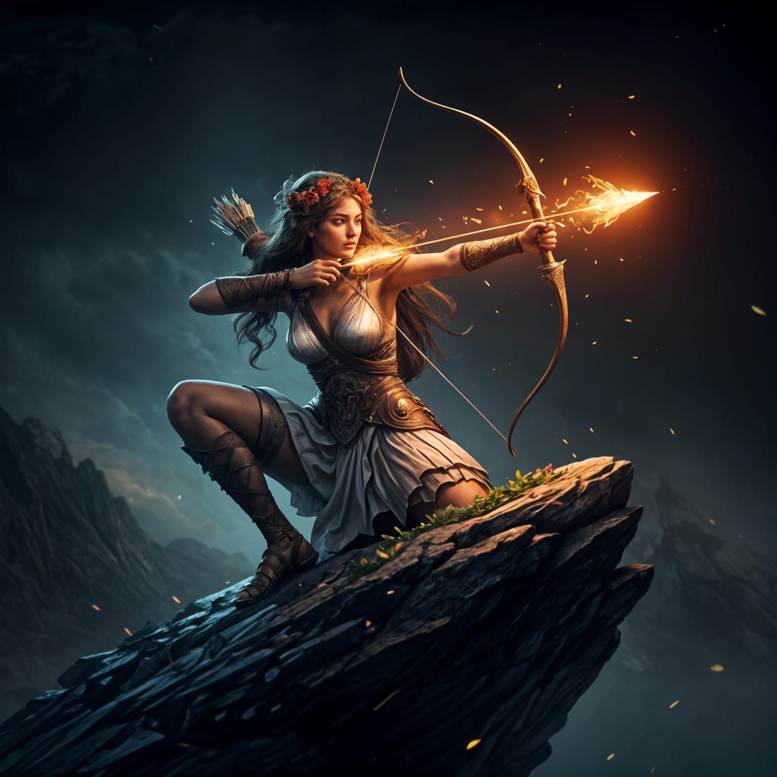 Goddess Artemis Fires Arrow from Flower-Adorned Bow