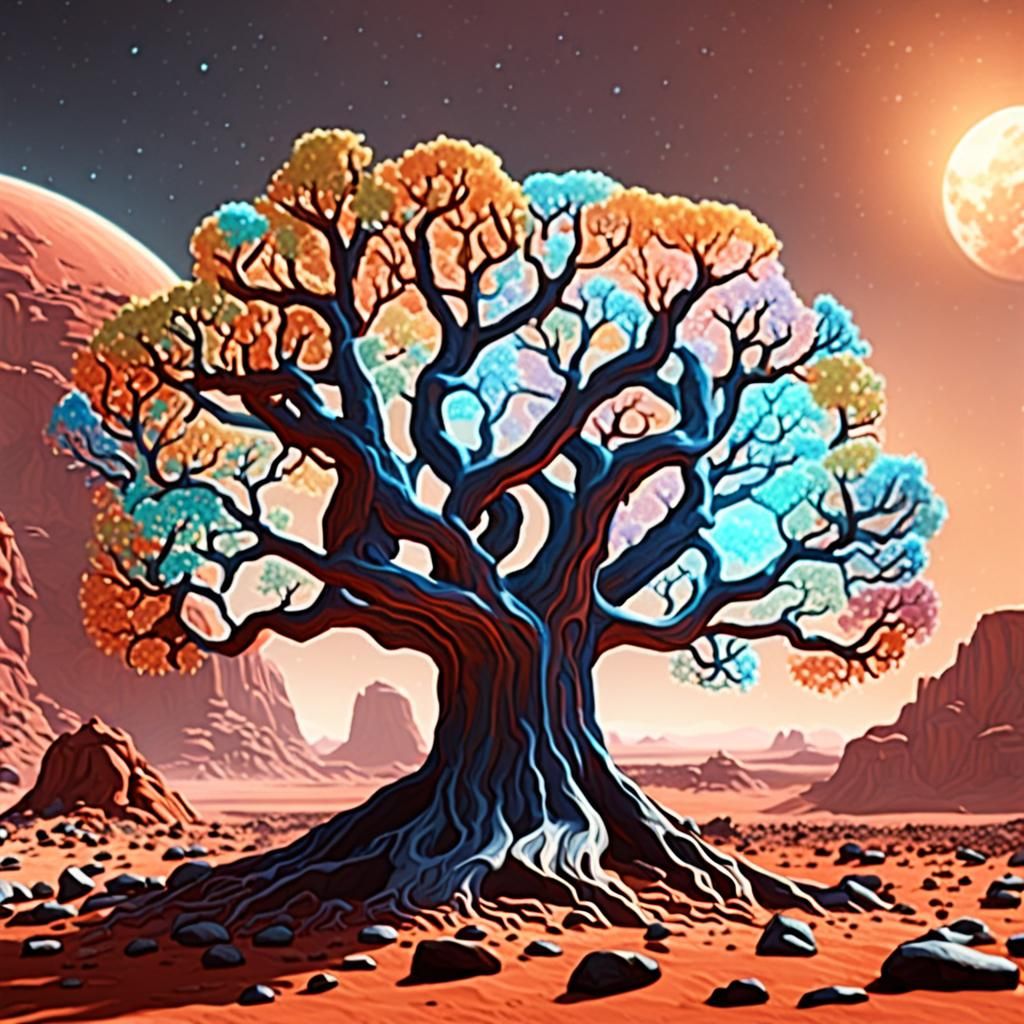 Pastel Tree of Life on Mars, Detailed Matte Painting