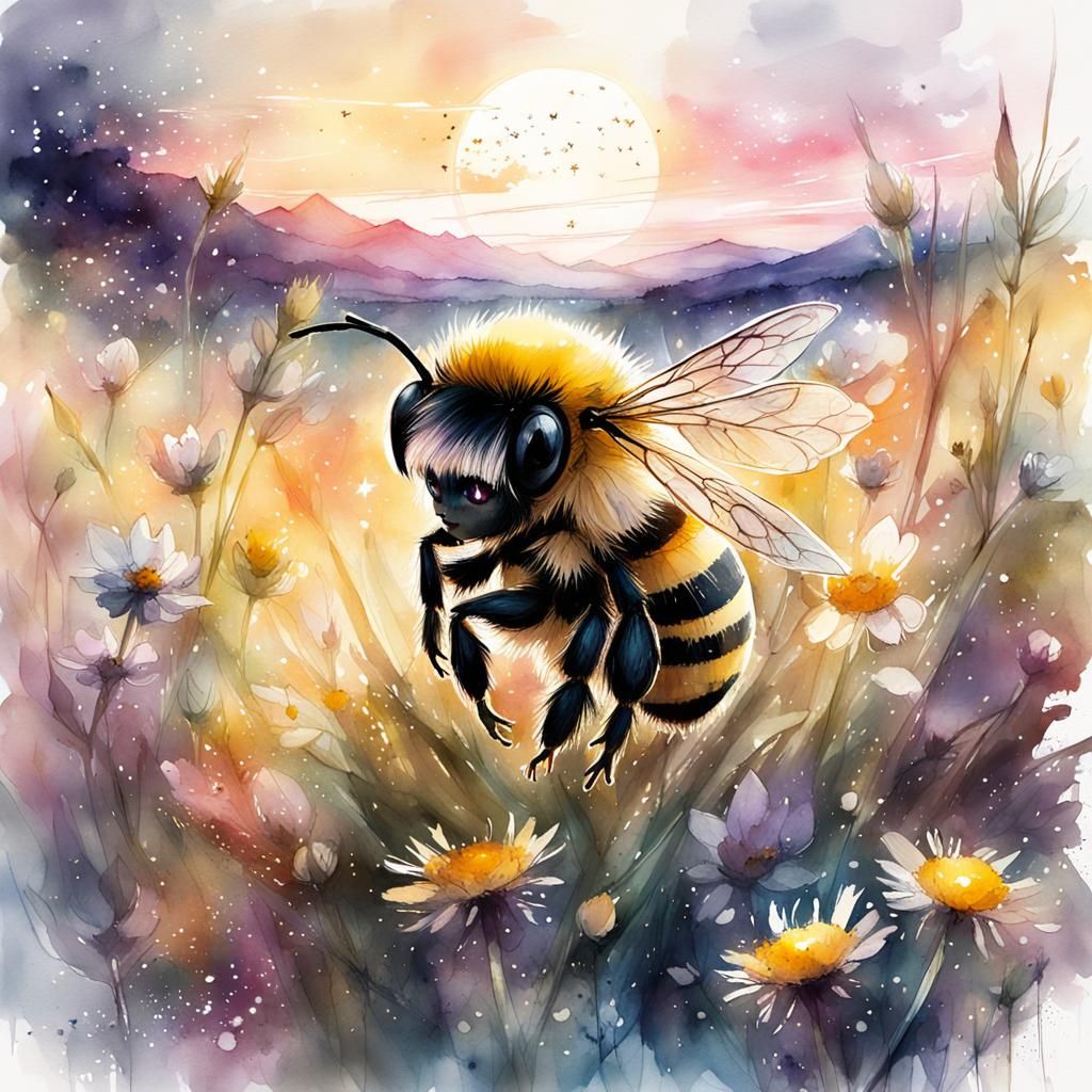 Chibi Bee in Meadow: Digital Watercolor Illustration