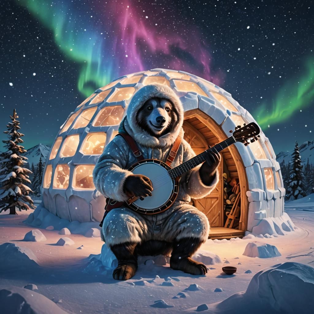 Eskimo Banjo Player Under Northern Lights: Digital Art