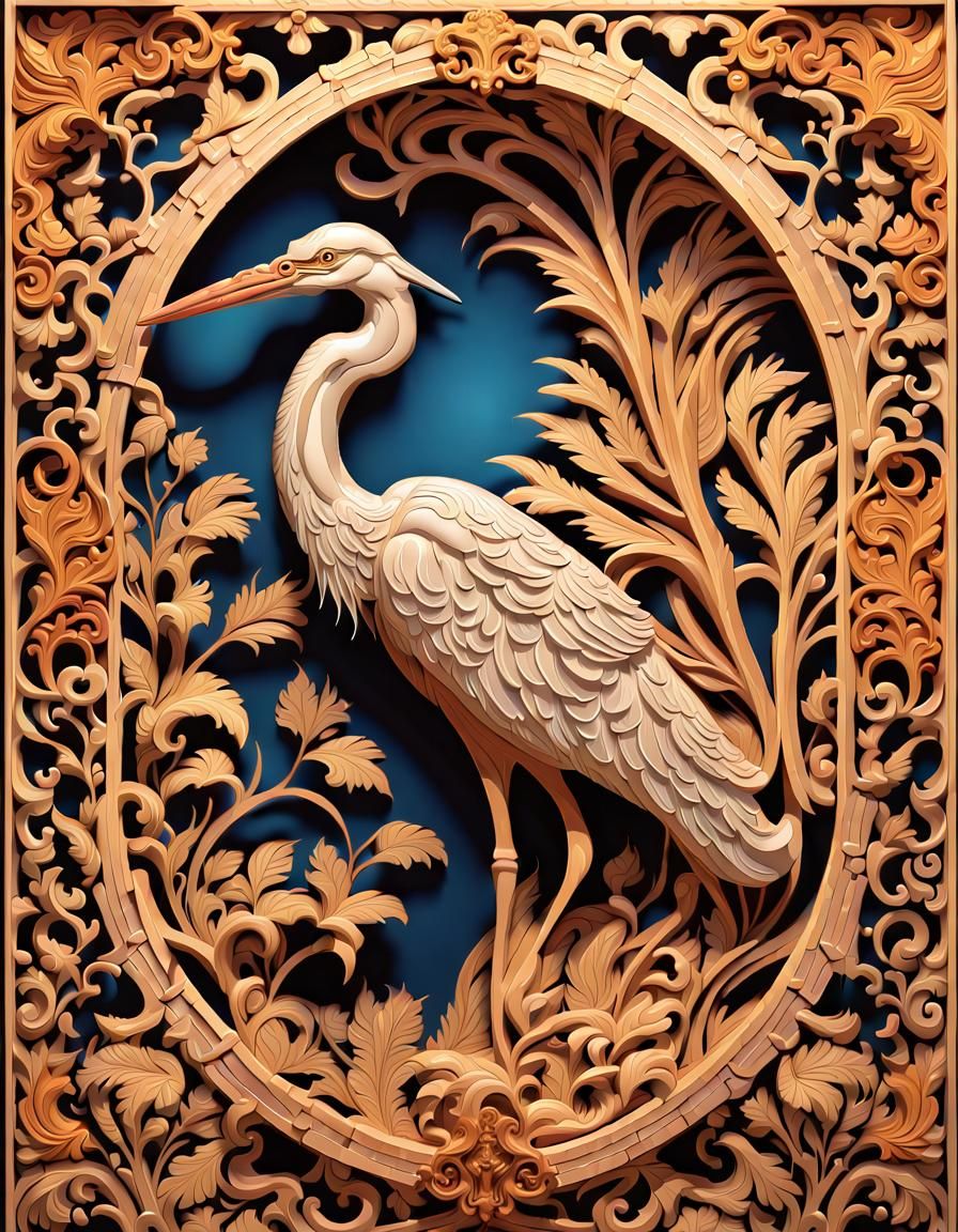 Baroque Wood Carving Heron in Art Nouveau Style