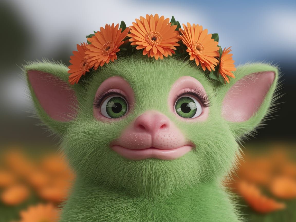Whimsical Furry Creature with Floral Crown
