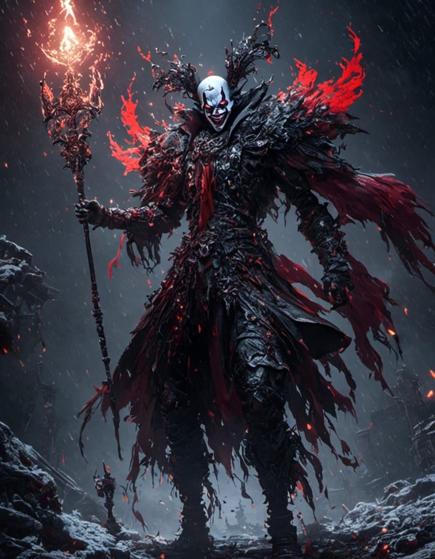 <lora:JLG636 A:1.0> <lora:Battle Armor Weapons:1.0> A gothic clown, snowing