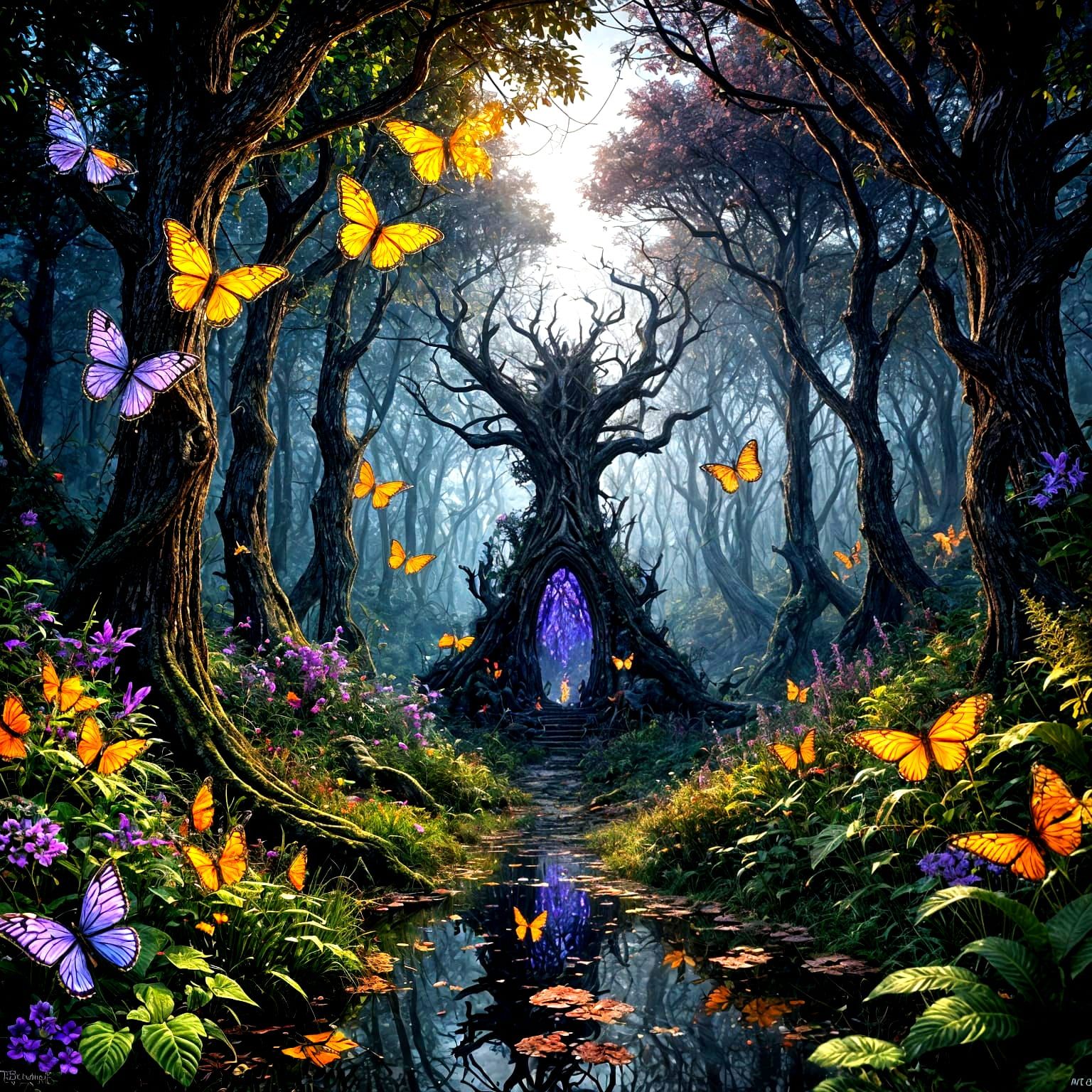 Mysterious Mirror Reflects Magical Forest in Dark Woods