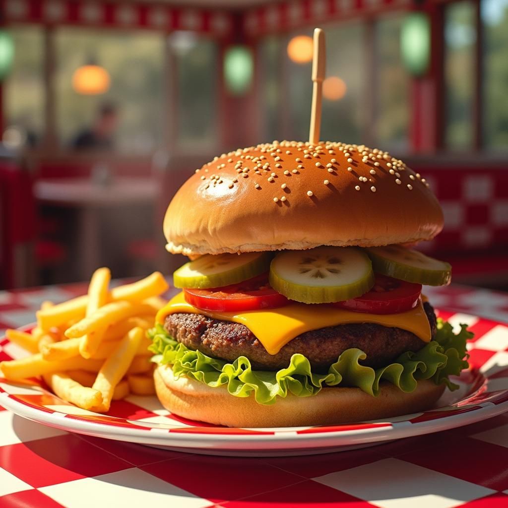 Classic Cheeseburger with Fries in Pop Art Diner