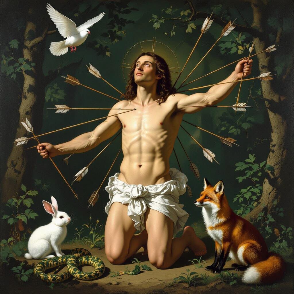 Saint Sebastian with Animals in Renaissance Oil Painting Sty...