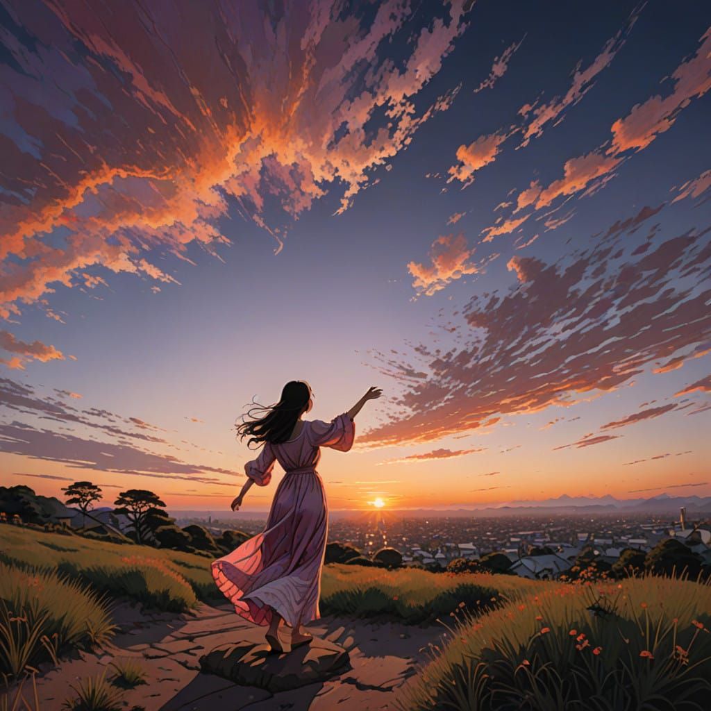 Girl in Flowing Sundress Silhouetted Against Vibrant Sunset