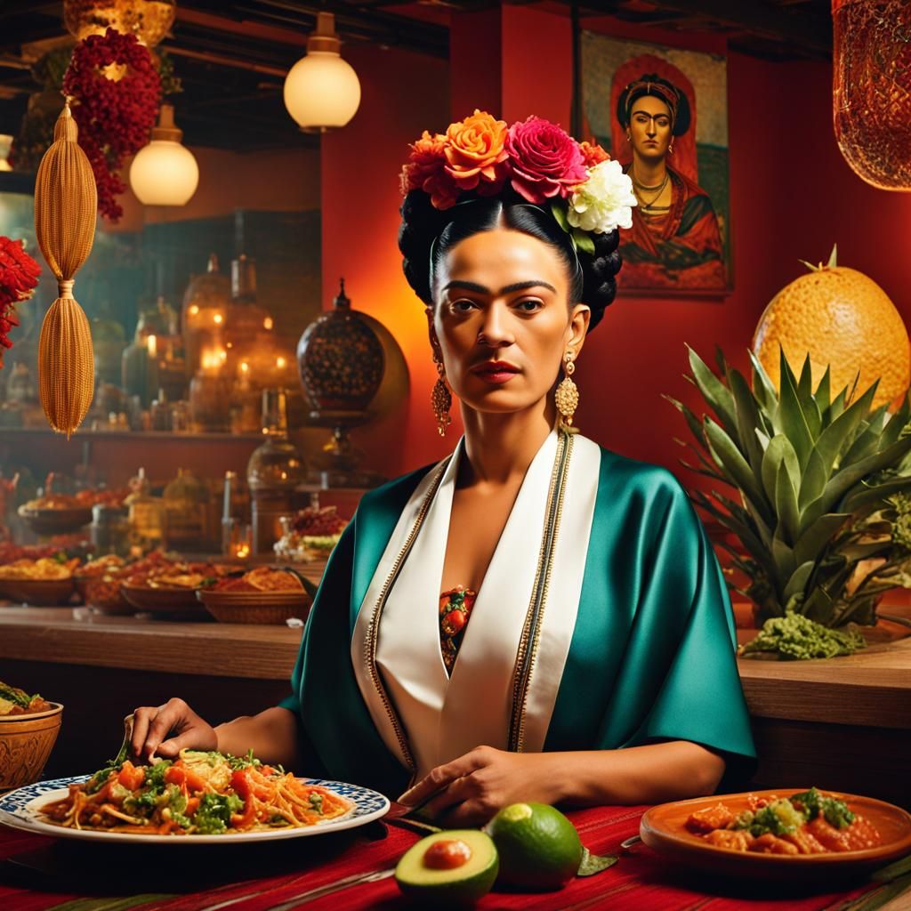 Frida Kahlo at a Mexican Restaurant.