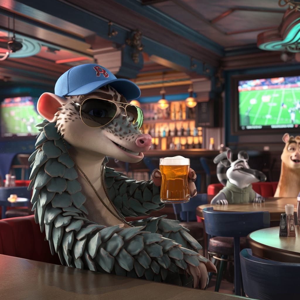 A Pangolin in a Pub Watching Sports in 3D Pixar Style