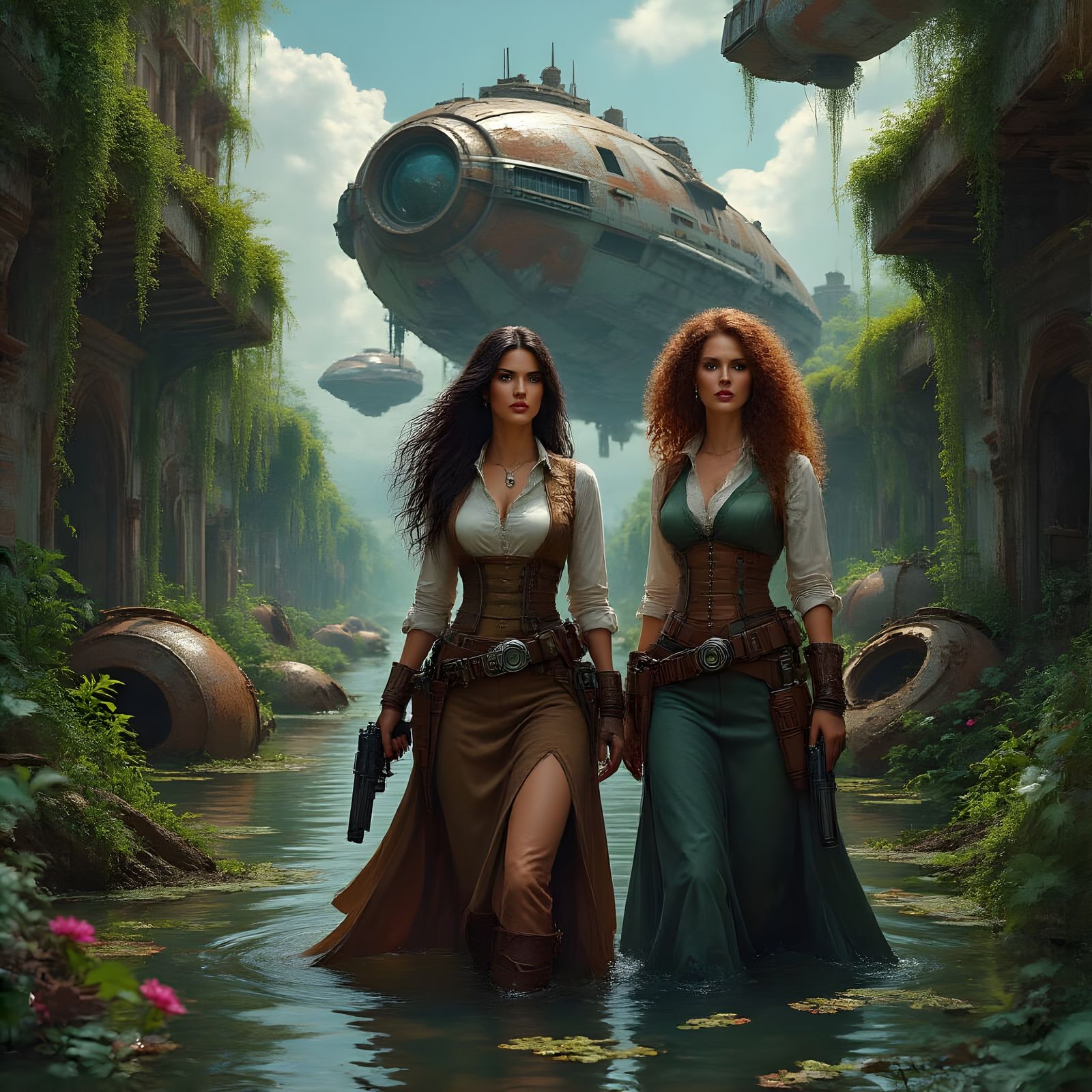 Steampunk Western Women Navigate Alien Canal