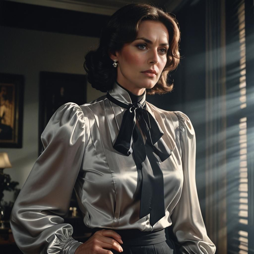 Elegant Woman in Satin Blouse: 1970s Style Photograph