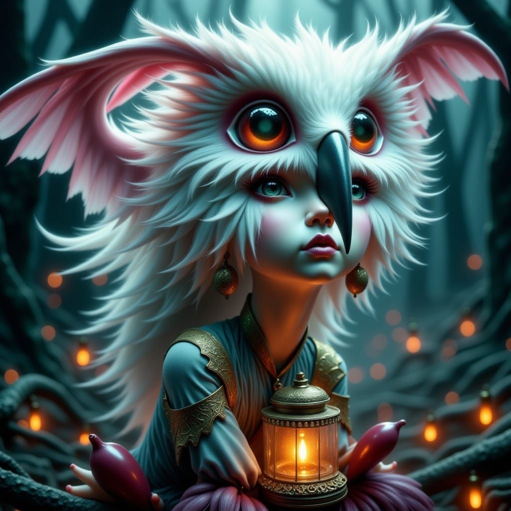 <lora:Fantasy and Water:1.0>A mesmerizing surreal beautiful owl-like woman with white/pink feathers, large onyx/green ey...