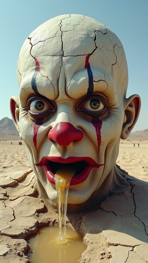 Surreal Desert Clown with Haunting Human Eyes