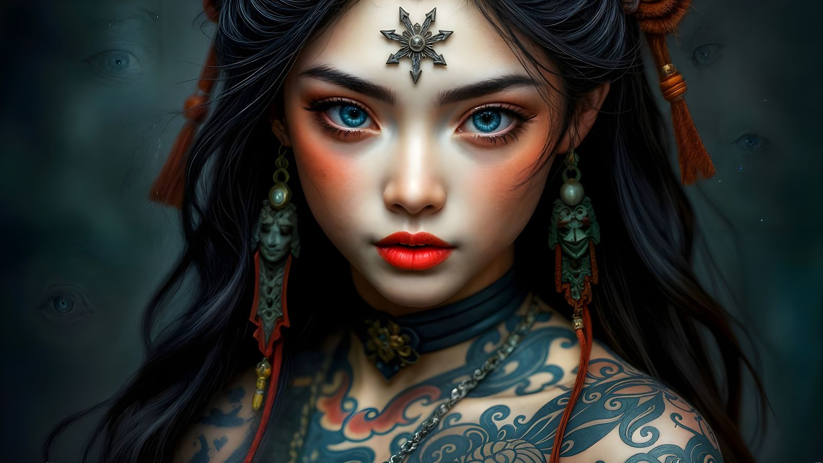 Gothic Dark Goddess with Intricate Tattoos and Vibrant Makeu...
