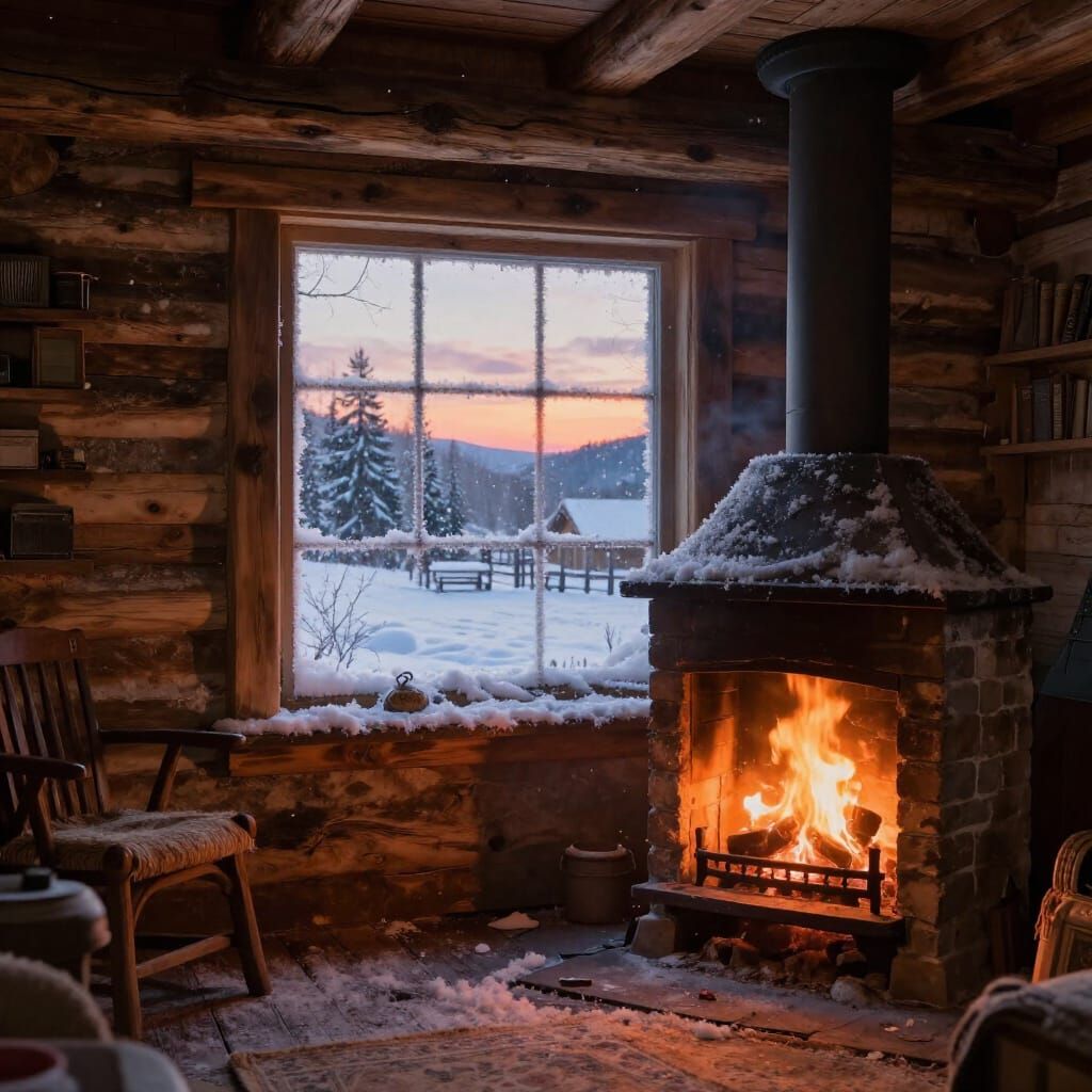 Cozy Cabin Fireplace in Golden Hour Snow