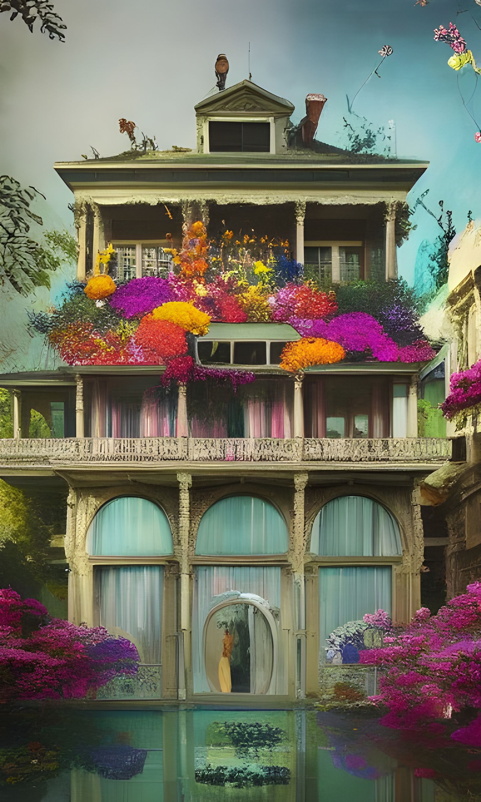 Glass Mansion Engulfed by Colorful Flowers in Mixed Media