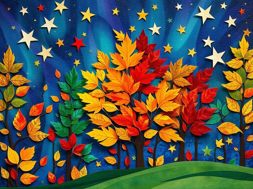 Colorful Autumnal Collage of Trees and Starry Sky