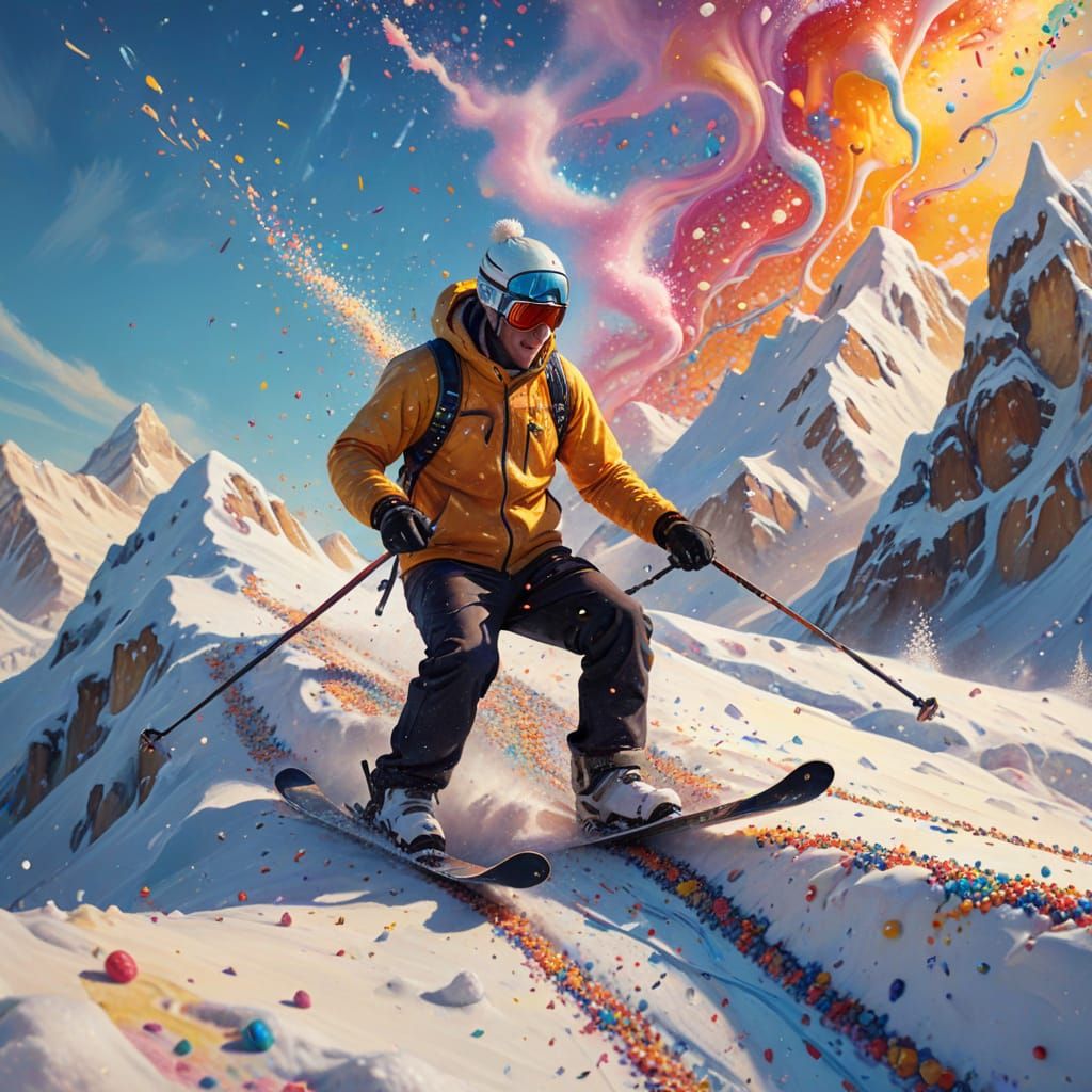 Skier on Ice Cream Mountain in Vibrant Oil Painting Style