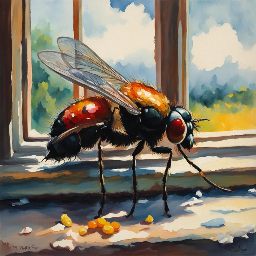 Dead Fly on Sill: Gouache Impressionist Masterpiece