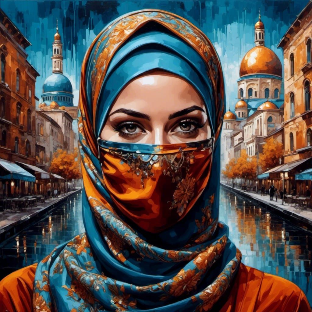 European Woman in Hijab and Facemask in Oil-Guache Style