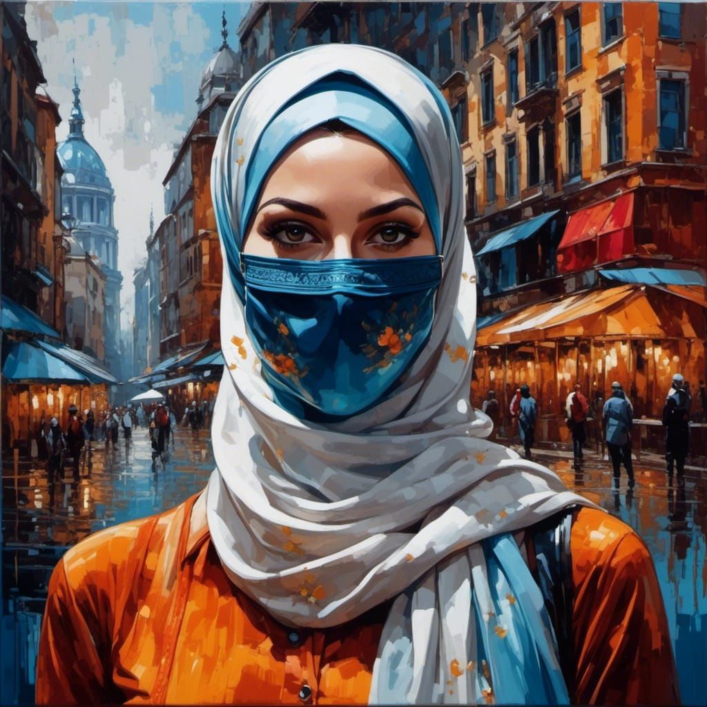 European Woman in Hijab: Oil-Gouache Portrait